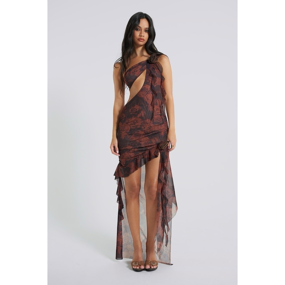 Jaded London One Shoulder Dress in Black and Brown